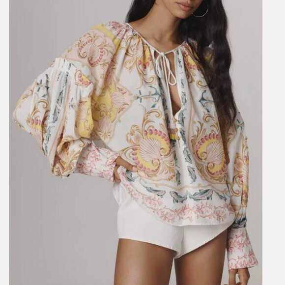 Farm Rio Anthropologie Maritime Magic Long-Sleeve Peasant Blouse Top S NWT - Picture 1 of 5
